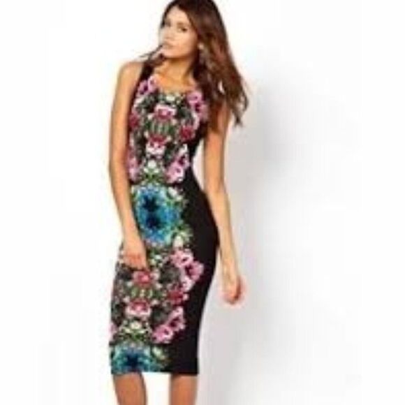 NWT John Zack London Midi BodyCon Dress Stretchy Floral Print Sexy Black Sz 4 8 - Picture 1 of 9